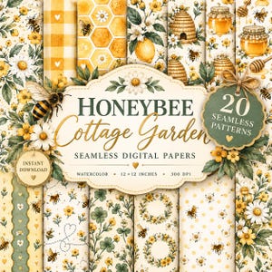 Peut inclure: Une collection de 20 papiers numériques sans couture avec des illustrations à l'aquarelle d'abeilles, de fleurs jaunes, de marguerites, de citrons, de rayons de miel, de ruches et de pots de miel. Le texte indique Honeybee Cottage Garden.