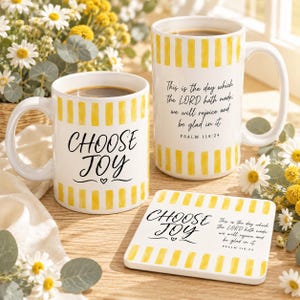 Välj glädje-mugg, Psalm 118:24 kaffemugg, kristen present till henne, set med bibelunderlägg, gulrandig bibelversmugg