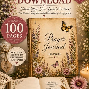 Christian Prayer Journal Printable | 100 Page Faith, Scripture Reflection (Digital Download)