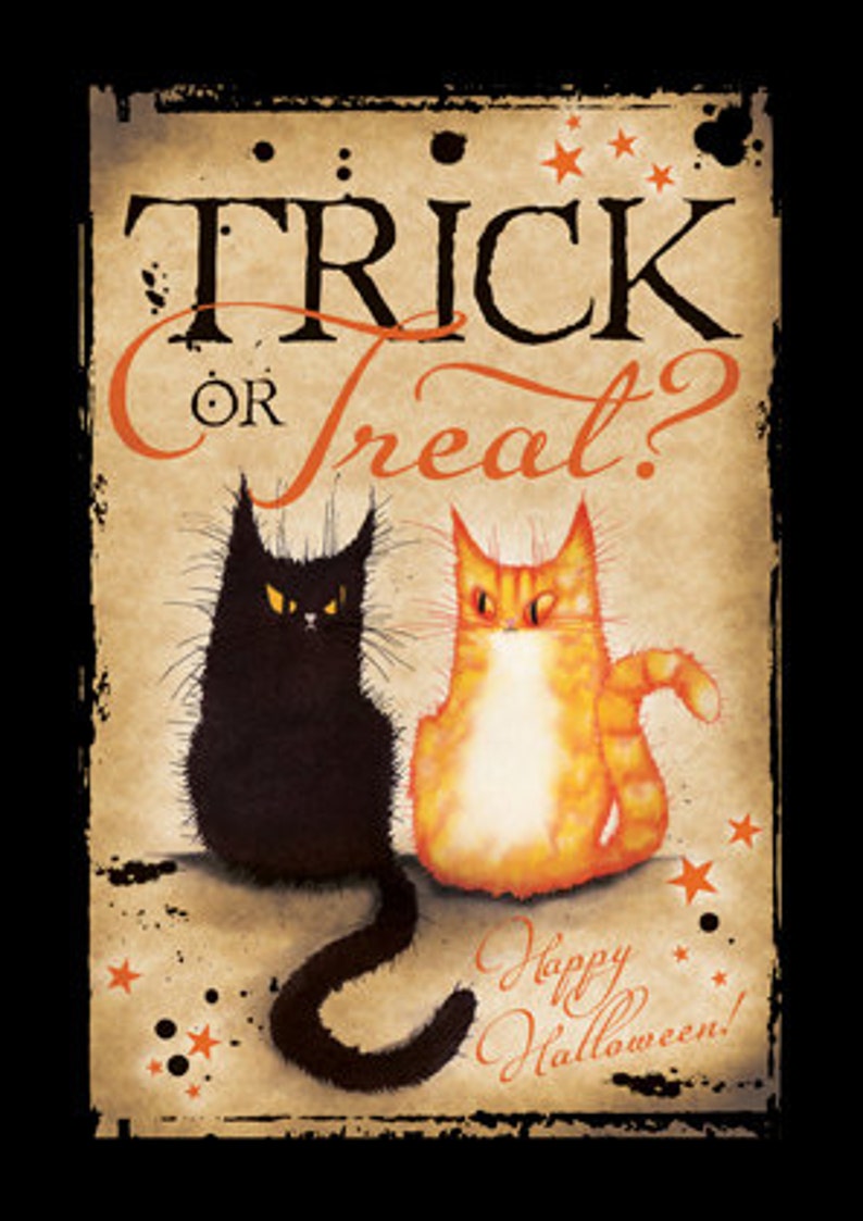 May include: A vintage-style Halloween card with a black cat and an orange cat. The card says "Trick or Treat?" and "Happy Halloween!" in orange text.
