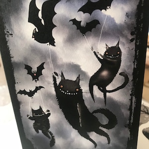 Carte Halloween chats noirs et chauves-souris noires