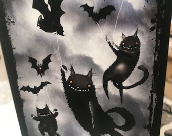 Black cats and Black Bats Halloween card
