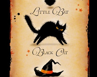 Halloween Grußkarte Kleine Fledermaus. Schwarze Katze. Hexenhut.