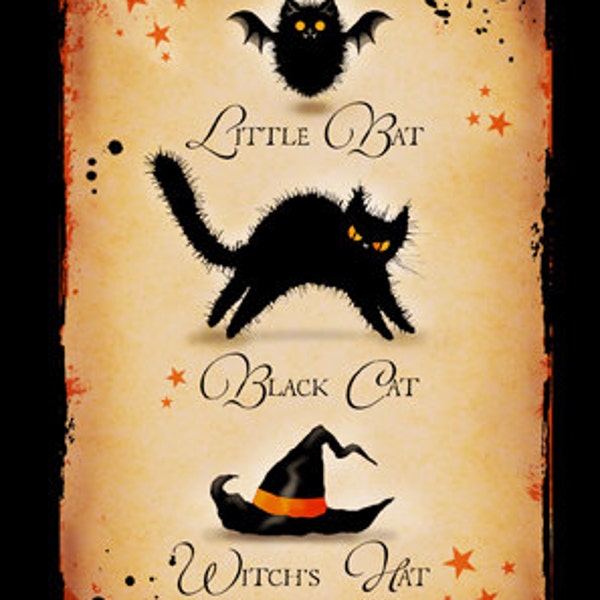 halloween greetings card Little Bat. Black Cat. Witch's Hat.