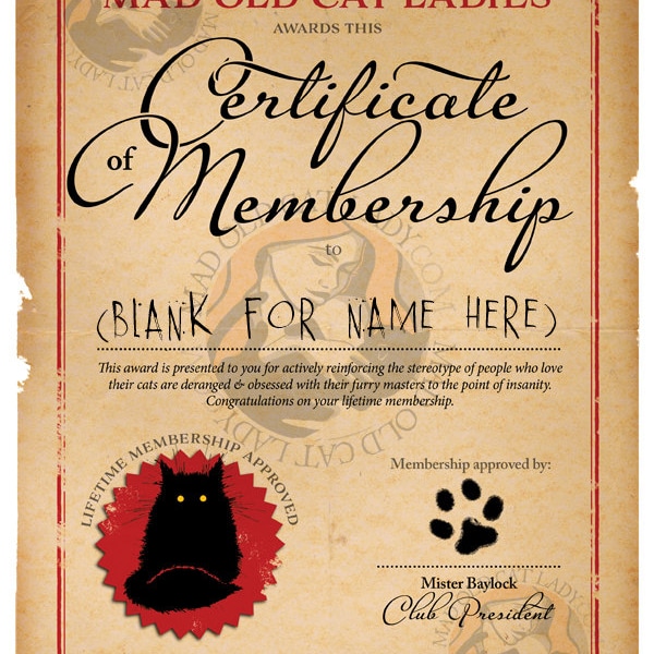 Society of Mad Old Cat Ladies BLANK certificaat A4