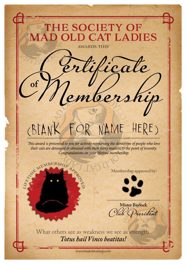 Society of Mad Old Cat Ladies BLANK Certificate A4 - Etsy