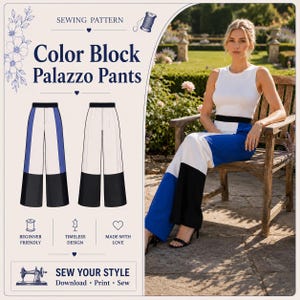 Könnte beinhalten: Ein Schnittmuster für eine Color-Block-Palazzohose mit weißem, blauem und schwarzem Design. Die Grafik enthält technische Illustrationen der Hose, den Text "SEWING PATTERN" und "Color Block Palazzo Pants" sowie ein Foto des fertigen Kleidungsstücks.