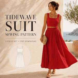 Może przedstawiać: Wyświetlany jest czerwony dwuczęściowy wzór szycia garnituru, "Tidewave Suit". Na zdjęciu kobieta ma na sobie garnitur, krótki top i długą spódnicę. Tekst na zdjęciu brzmi "Tidewave Suit Sewing Pattern 2-Piece Set PDF Download".