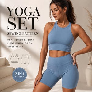 Może przedstawiać: Kobieta w jasnoniebieskim zestawie do jogi, składającym się z topu i szortów rowerowych. Obraz zawiera tekst "YOGA SET SEWING PATTERN" i "TOP + BIKER SHORTS". Wzór dostępny w rozmiarach 36-54.