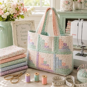 May include: A quilted tote bag featuring a log cabin block pattern in soft pastel shades of pink, green, blue, and lavender. The bag has two matching fabric handles and is constructed from floral patterned cotton fabric with vertical quilting lines.
