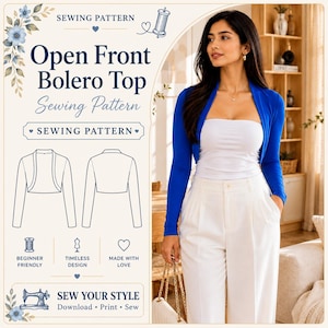 May include: A sewing pattern for an open front bolero top featuring text that reads Open Front Bolero Top Sewing Pattern. The image displays a blue long-sleeved bolero worn over a white tube top and white trousers, alongside a line drawing illustration.