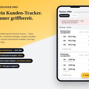 Op de afbeelding: Een smartphone met de Trainer PRO app-interface, met een klanttracker en trainingslogboeken voor bankdrukken en squats. Het scherm toont tekst waaronder Trainer PRO, Anna Bauer en trainingsgegevens in kilogrammen op een gele achtergrond.
