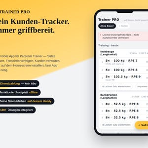 Op de afbeelding: Een smartphone met de Trainer PRO app-interface, met een klanttracker en trainingslogboeken voor squats en bankdrukken, inclusief gewicht in kg, RPE-waarden en aantal sets op een geel en wit achtergrond met Duitse tekst.