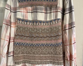 Upcycled merged flannel shirt with sweater accent