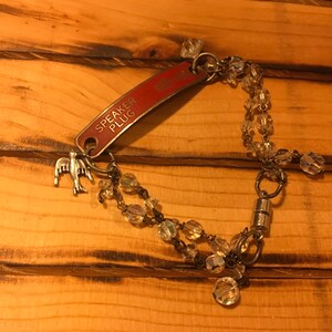 K&ouml;nnte beinhalten: Ein silbernes Armband mit einem roten Metallanh&auml;nger, auf dem "SPEAKER PLUG" steht, und einem kleinen silbernen Vogelanh&auml;nger. Das Armband ist mit klaren Kristallperlen und einem Magnetverschluss versehen.