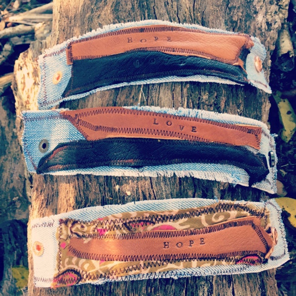 Leather and denim upcycled cuff bracelet’s