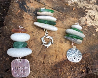Handcrafted sea glass stone stacked pendants