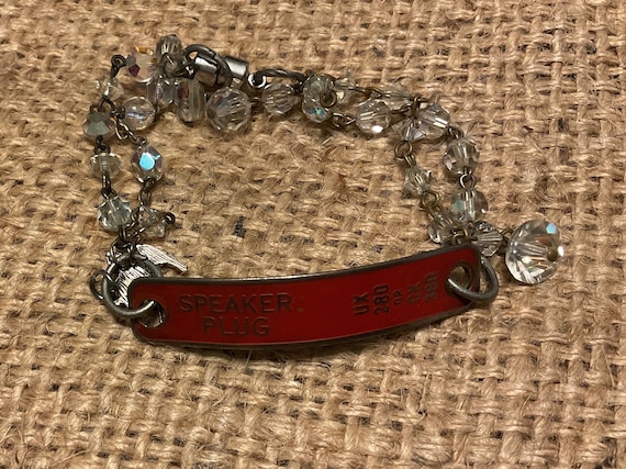 Upcycled vintage speaker metal tag bracelet, beaded