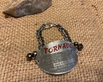 upcycled metal Tornado machine tag bracelet