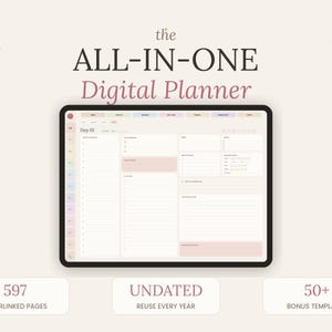 以下が含まれることがあります： タブレット画面に表示されたデジタルプランナー。テキスト「the ALL-IN-ONE Digital Planner」、「Day 01」、「597 HYPERLINKED PAGES」、「UNDATED REUSE EVERY YEAR」、「50+ BONUS TEMPLATES」が含まれています。インターフェースには、日次スケジュール、タスクリスト、カラフルなサイドタブが表示されています。