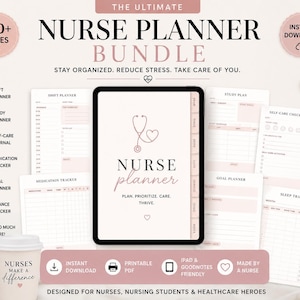 May include: A digital nurse planner bundle displayed on a tablet screen with various printable pages including a shift planner, study plan, medication tracker, and self-care check-in. The design features soft pink accents, a stethoscope icon, and text.