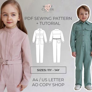 May include: A PDF sewing pattern and tutorial for a long-sleeve jumpsuit with a button-front, collar, and waist belt. The image displays the text Milky Clouds, PDF Sewing Pattern + Tutorial, Sizes: 11Y - 14Y, and A4 / US Letter AO Copy Shop.