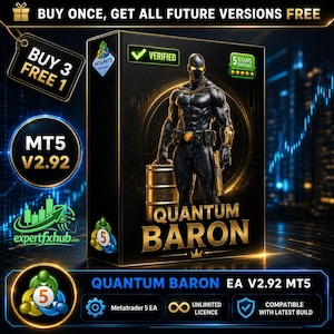May include: A black box featuring the text Quantum Baron and an illustration of a muscular figure in a black suit with glowing yellow eyes. The box displays a verified checkmark, a 5 stars rating, and MT4/MT5 logos. Text includes Buy Once, Get All Future Versions Free and Buy 3 Free 1.