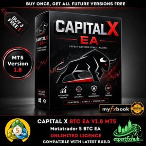 Może przedstawiać: Czarne prostokątne pudełko oprogramowania do handlu forex CapitalX EA z grafiką czerwonego byka, napisem CapitalX EA oraz ikonami automatycznego handlu, wysokiej dokładności, zarządzania ryzykiem i handlu 24/7. Zawiera wersję MT5 1.8 oraz odznakę myfxbook.