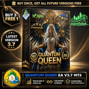 May include: A rectangular software box for Quantum Queen EA V3.7 MT5 featuring a central illustration of a white-haired figure in white and gold attire sitting on a throne. The box includes text such as 5 STAR RATING, VERIFIED, and BEST SELLER.