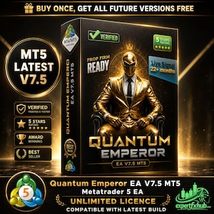 May include: A black rectangular software box for Quantum Emperor EA V7.5 MT5 featuring a gold-colored figure in a suit and tie sitting on a chair. The box displays text including Verified, 5 Stars Rating, Prop Firm Ready, and Live Signal 22+ months.