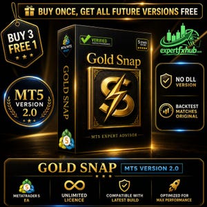 May include: A black box for Gold Snap MT5 Expert Advisor software featuring gold text and a central gold lightning bolt logo. The design includes labels for verified performance, 5-star rating, no DLL version, backtest matches, and unlimited license.