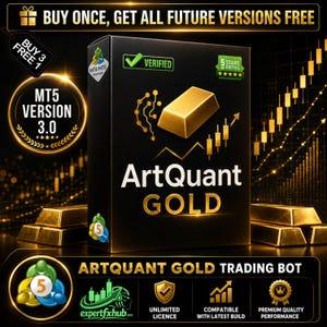 Può includere: Una scatola rettangolare nera etichettata ArtQuant GOLD con un grafico a lingotto d'oro, un segno di spunta verificato e una valutazione a cinque stelle. Il design include un motivo a circuito digitale, grafici a candela in rialzo e il testo MT5 VERSION 3.0.