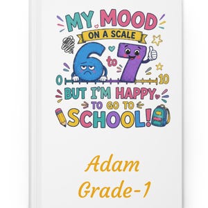 May include: A white notebook featuring a colorful graphic with the text MY MOOD ON A SCALE 6 TO 7 BUT I'M HAPPY TO GO TO SCHOOL. The design includes a sad blue number 6, a happy purple number 7, a pencil, and a backpack. The name Adam and Grade-1 are printed below.
