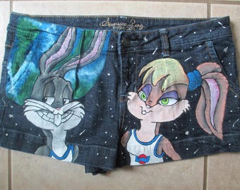 Short en jean peint à la main inspiré de Space Jam, short femme taille 13