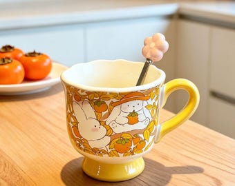 Taza de cerámica con diseño de conejito y cuchara con forma de flor, taza de café vintage con estampado floral y borde festoneado, taza de té con diseño estético de conejo.