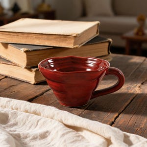 May include: A dark red ceramic mug with a wavy rim and a curved handle rests on a rustic wooden table. Three old books with yellowed pages are stacked behind the mug. A white cloth is draped across the table.