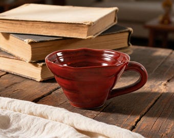 Handmade Deep Red Ceramic Mug, Organic Wabi Sabi Coffee Cup, Unique Pottery Gift for Coffee Lovers
