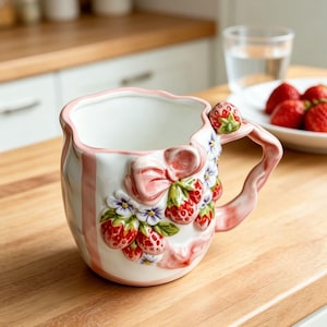 Op de afbeelding: Een witte keramische mok met roze accenten en een aardbeienthema. De mok heeft een roze strik, aardbeien en bloemen. De handgreep heeft een aardbei bovenop. De mok staat op een houten oppervlak.