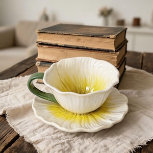 Op de afbeelding: Een witte keramische theekop en schotelset met een geel en wit bloemmotief. De theekop heeft een groen handvat. De set staat op een beige linnen doek, met een stapel oude boeken op de achtergrond.