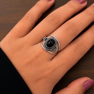 Vintage Black Onyx double band oval Ring in 925 Sterling Silver | Handmade Boho Statement Ring | Gothic Artisan Jewelry | Gift for Her