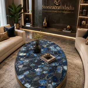 Blue Agate Oval Dining Table, Custom Luxury Gemstone Table Top, Handmade Agate Dining Table, Dining Room Decor