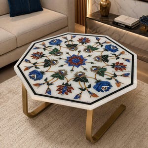 White Marble Coffee Table Top Lapis Lazuli Malachite Floral Inlay Semi Precious Stone Handmade Custom Furniture
