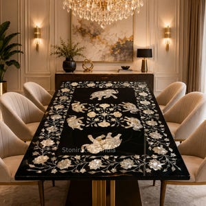 Handmade Black Marble Dining Table Top: Pietra Dura Floral Elephant Inlay Home Furniture