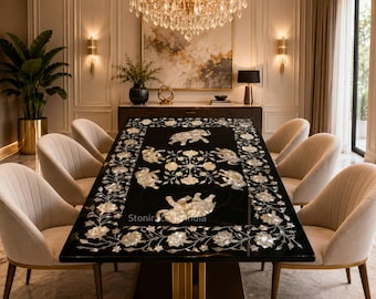 Handmade Black Marble Dining Table Top: Pietra Dura Floral Elephant Inlay Home Furniture