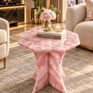 Pink Rose Quartz Crystal Table Top, Octagonal Gemstone Tabletop, Luxury Natural Stone Furniture
