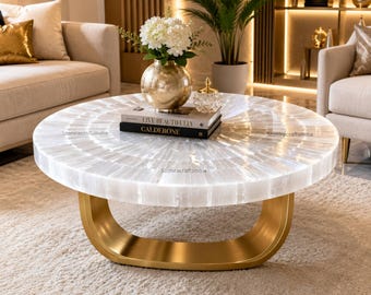 Sunburst Selenite Table Top | Handmade Luxury Coffee Table, Bar Counter Surface