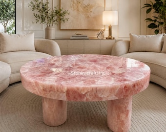 Pink Rose Quartz Round Coffee Table Top, Natural Agate Stone Luxury Furniture