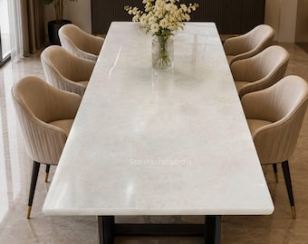 White Quartz Dining Table Top | Handmade Natural Stone Slab | Luxury Home Furniture