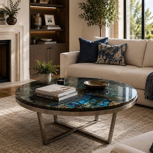 May include: A round coffee table with a polished, multi-colored stone top and a brushed metal base. The table is in a living room setting with a beige sofa, pillows, and a patterned rug. Books and a decorative bowl are on the table.
