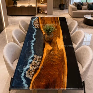 Mesa de comedor de resina y madera de acacia con diseño de río: pieza central de lujo de estilo moderno de mediados de siglo.